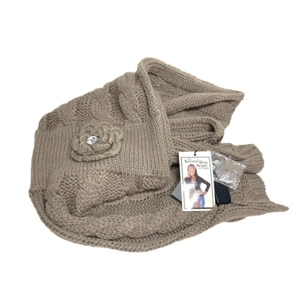 NEW Noelle Taupe Brown Krystal Rose Scarf Cable Knit Rhinestone Flower Coquette